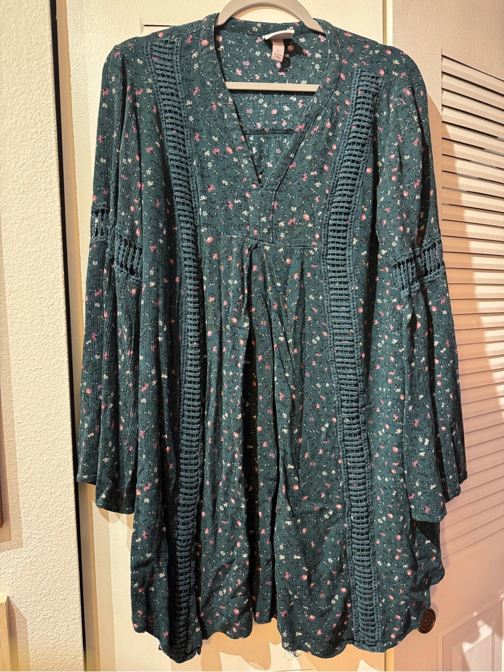 Women's Dark Teal Floral Lace-Trim Tunic Top